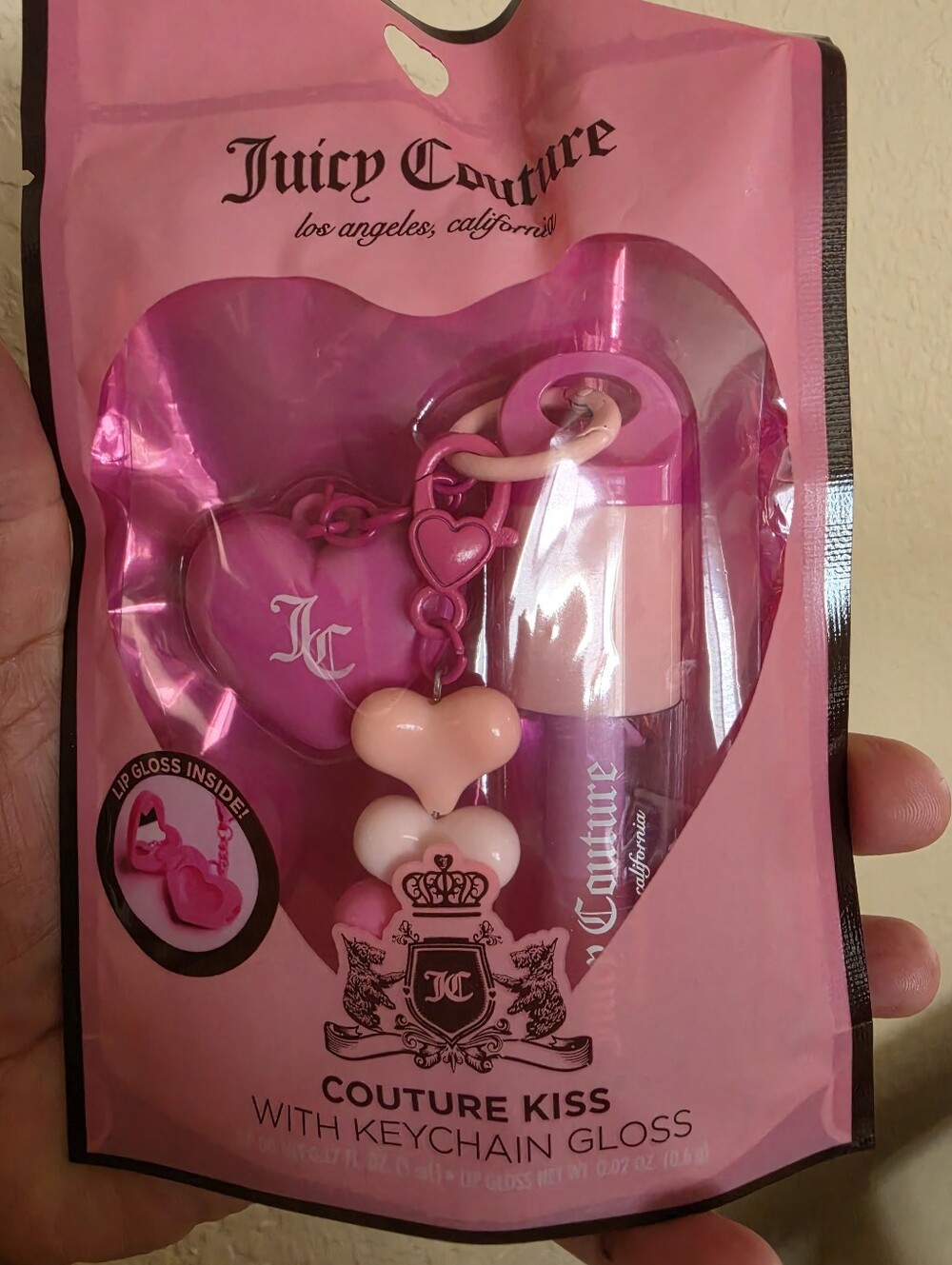 Juicy Couture Couture Kiss Lip Oil Gloss Keychain Heart Charm Set Pink Kawaii